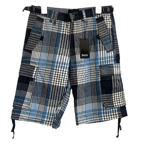 Men's Bench Urbanwear Cargo Shorts Size 32 Plaid Blue 🔥NEW🔥Snap Pockets Adjust